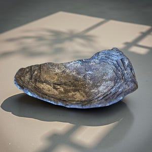 May include: A handcrafted, stone-like bowl with a rough, textured surface. The bowl has a dark, earthy color palette with shades of gray, brown, and blue. The bowl's unique shape and naturalistic design make it a decorative piece.