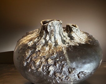 Unique  Hand Made Art  Ceramic Vase  Dark Brown/ White/ Black  Rustic Textures For Flower, Plant, Collection & Home Decor