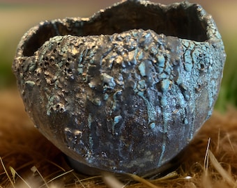 Unique Hand Made Ceramic Vase Bronze/Black/Blue Crack  For Flower, Plate,  Home Decor, Gift.