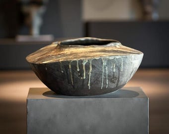 Textured Ceramic Sculpture – Handbuilt Volcanic Orb with Crawling Ash Glaze