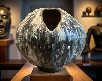 Hand-Built  Art Ceramic /Dark Brown/Turquoise  Rustic one of kind Vase For Flower/Plant/Collection /Home Decor/ Gift