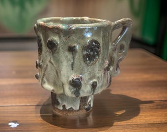 Quirky Hand-Made Ceramic Mug, Brown /Orange/Blue Glazes. A One Of Kind Creative Twist on Your Morning Coffee