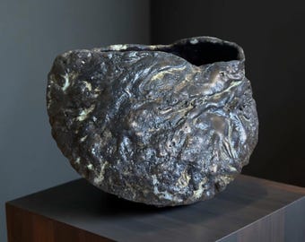 Volcanic Textured Ceramic Vessel – Sculptural Art Bowl with Metallic Glaze
