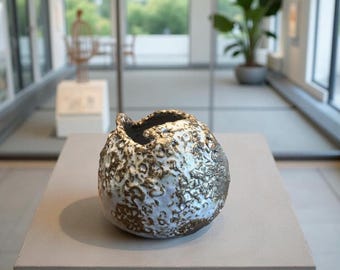 Hand-Built Art Ceramic Blue/Drak Brown Rustic Textures Vase For Flower/Plant/Collection & Home Decor
