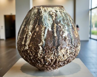 Volcanic Glaze Textured Vase- Organic Ceramic Sculpture with Flowing Green and Earth Tones
