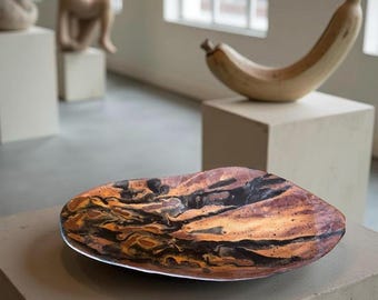 Organic Oval Ceramic Plate – Hand-formed with Earthy Flame Glaze | Abstract Serving Dish or Art Centerpiece
