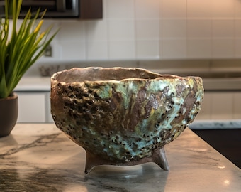 Unique Hand-Made Ceramic Vase/Pot Dark Brown / Turqouise/ Yellow/ Golden Glazes For Flowers, Plants, Collection, Home Decor, Or A Gift.