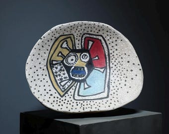 Spooky Monster Face Ceramic Plate – Halloween Edition – Hand-Painted Art Dish