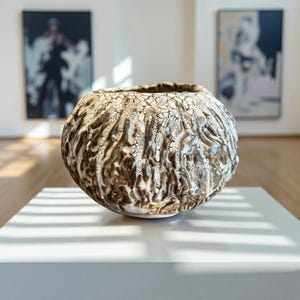 Handmade Ceramic Vase: Rustic Cracked Texture, Brown and White Decor