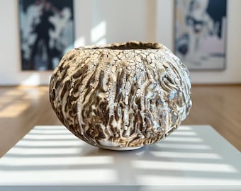 Hand Made One Of Kind Art Ceramic Vase  White/ Dark Brown Cracked Rustic Textures For Flower/Plant/Collecation/Home Decor