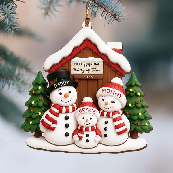 Personalized Family of Three Wood Ornament, Baby's First Christmas 2025 Decor, New Family Of Four Gift