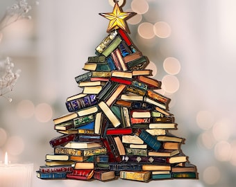 2D FLAT Christmas Book Tree Wood Ornament Bookworm Gift, Books Lover Gifts, Bookish Book Club Ornaments