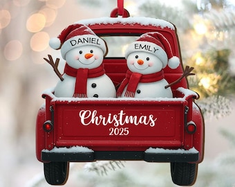 Personalized Snowman Couple Christmas Ornament, Red Truck 2D Flat Christmas Gift For Couples, Snowman Couple Ornament,Our Christmas Together