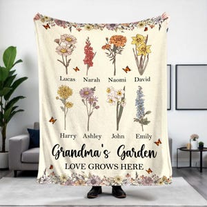 Personalized Grandmas Garden Blanket Mother&#39;s Day Gift Love Grows Here Throw Blanket Gift From Grandkids Birth Month Flowers Family Names