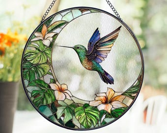 Stained Glass Hummingbird And Monstera Garden Suncatcher, Hummingbird Monstera Decor Nature Lover Gift, Plant Lover Gift, Bird Lover Gift