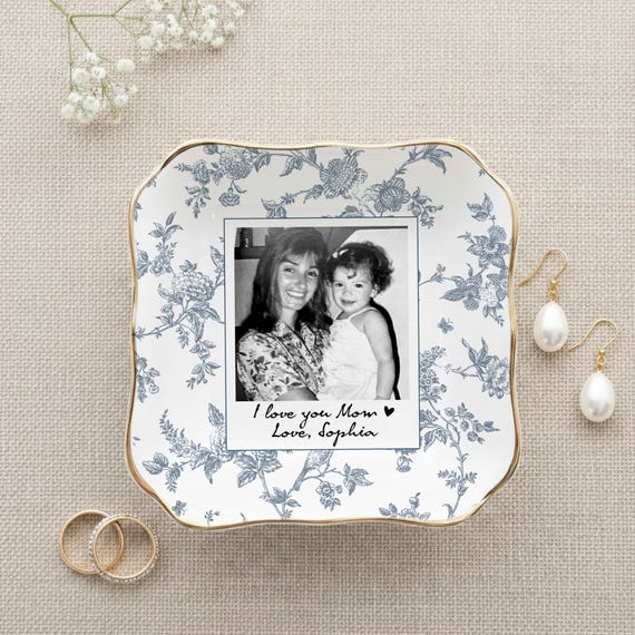 Photo Gift for Mom, Mama Birthday Gifts Jewelry Dish, Toile De Jouy Photo Trinket Tray Mother of the Bride Wedding Day Keepsake