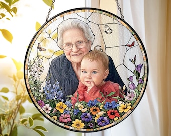 Personalized Family Portrait Stained Glass Suncatcher, Custom Memorial Gift from Photo, Grandma/Mom Memory Photo Window Art