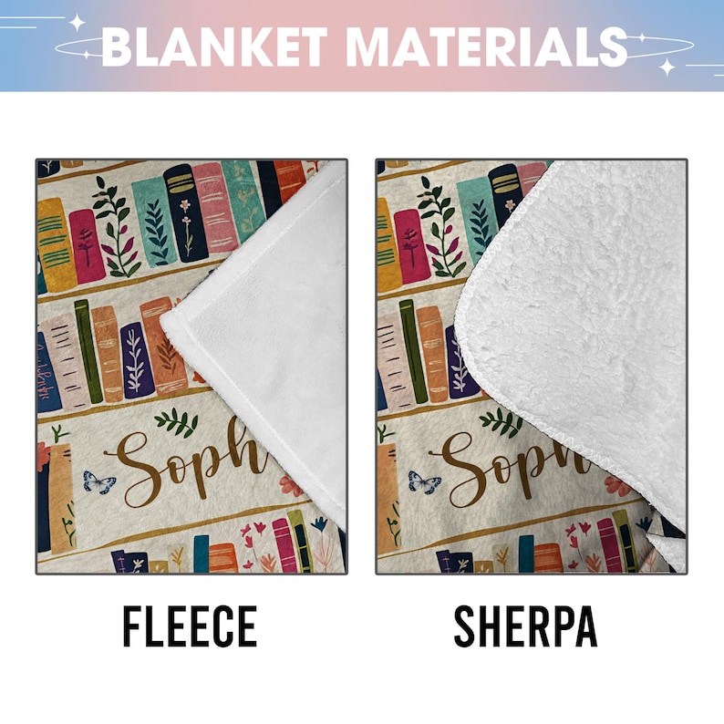 May include: A personalized fleece or sherpa blanket featuring a bookshelf design with colorful books, floral accents, and the name "Soph".