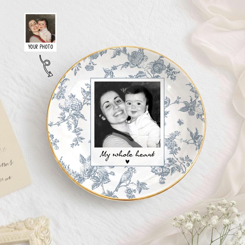 Photo Gift for Mom, Mama Birthday Gifts Jewelry Dish, Toile De Jouy Photo Trinket Tray Mother of the Bride Wedding Day Keepsake image 5