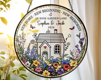Personalized First Home Stained Glass Suncatcher, New Home Occasion Housewarming Gift For Moving In Friend, Realtor Keepsake