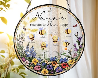 Personalized Gift For Nana Stained Glass Suncatcher Mother's Day Gifts, Grandma's Reason To Bee Happy Gardener Birthday Keepsake