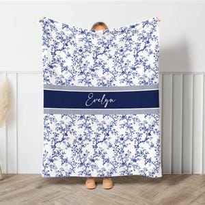 Blue Toile Personalized Blanket, Floral Blanket for Women, Custom Name Blanket, Bridesmaid Proposal Gift, Wedding Bridal Party Gift For Her
