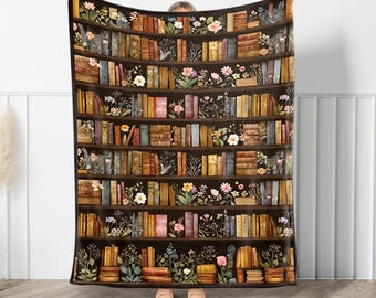 Vintage Bookshelf Library Throw Blanket, Cottagecore Book Wildlowers Blankets Books Lover Gifts, Floral Bookish Reader Gift