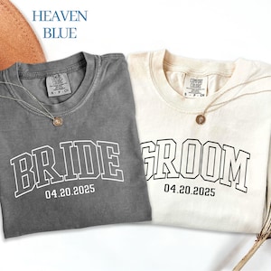 Custom Bride & Groom Comfort Colors® T-shirt, Personalized Engagement Shirt, Honeymoon Matching Bride And Groom Clothing, Wedding Party Tee