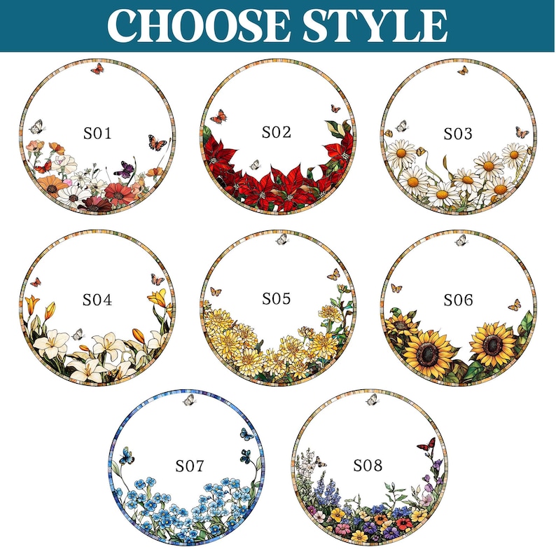 May include: Circular designs with floral arrangements and butterflies. Each design is labeled with a number, and the text "CHOOSE STYLE" is at the top. The designs feature various flowers, including daisies, sunflowers, and lilies.