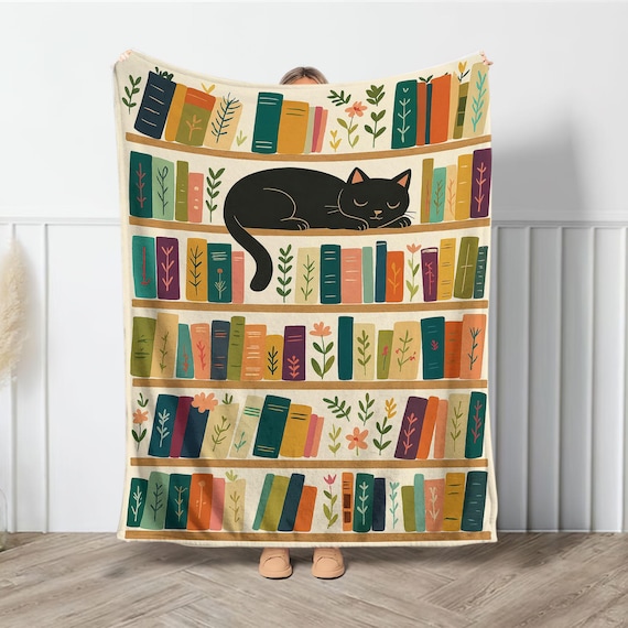 Vintage Bookshelf Library Throw Blanket, Cottagecore Book Wildlowers Blanket Gift For Book Lover Library Gift Floral Bookish Gift For Reader