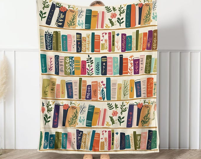 Vintage Bookshelf Library Throw Blanket, Cottagecore Book Wildlowers Blanket Gift For Book Lover Library Gift Floral Bookish Gift For Reader