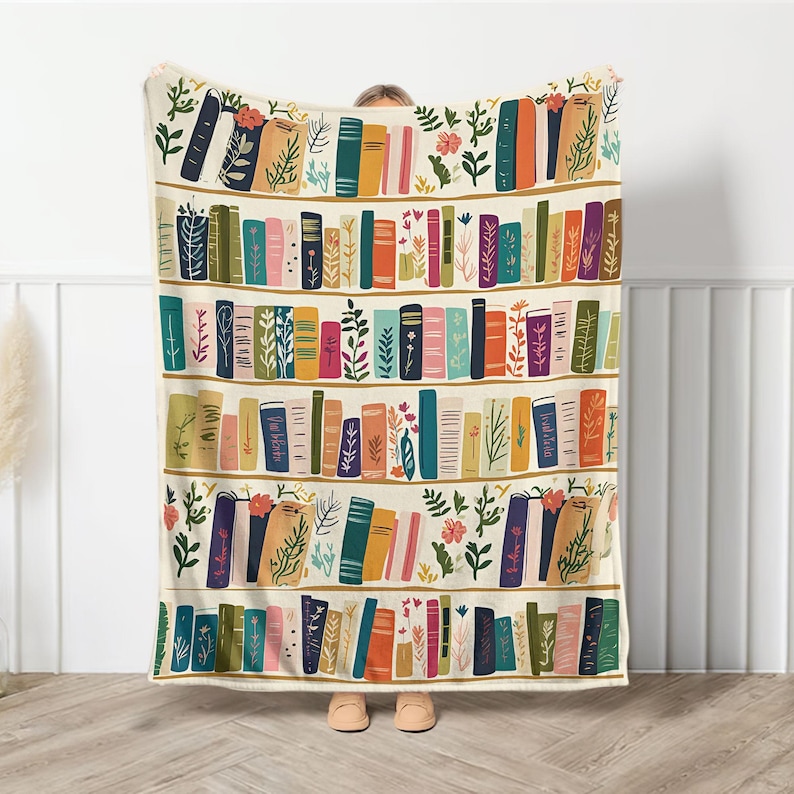 Vintage Bookshelf Library Throw Blanket, Cottagecore Book Wildlowers Blanket Gift For Book Lover Library Gift Floral Bookish Gift For Reader, Teacher Gift, Back To School Gift, Back To School Teacher Appreciation Gift, Back To School Teacher Gift