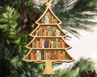 Christmas Book Tree Wood Ornament, Christmas Tree Book Gift, Book Lover Gift, Book Club Ornament, Bookish Ornament, Book Exchange Gift