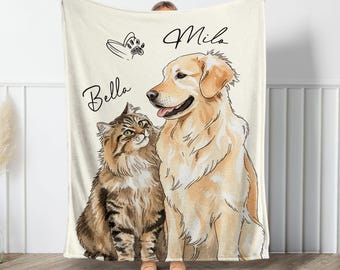 Custom Watercolor Photo Pet Throw Blanket, Pets Portrait Blankets Gift For Cat Dog Lovers, Dog Remembrance Gifts