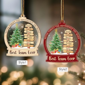 May include: Two Christmas ornaments with a snow globe design. One is wooden, the other red. Each features a Christmas tree, gifts, and the text "Best Team Ever." Names and the year 2025 are also included.