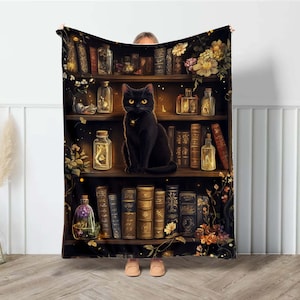 Fairy Cat On Bookshelf Throw Blanket, Magical Book Blanket Gift For Book Lover, Library Gift, Floral Bookish Gift For Reader Dark Academia