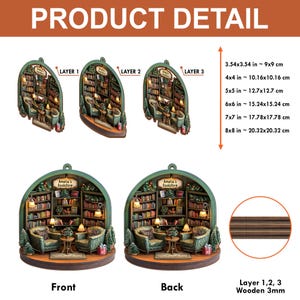 May include: A layered wooden ornament depicting a bookstore interior named Amelia's Bookstore, featuring two green armchairs, a small table, and bookshelves. Available in sizes from 3.54x3.54 inches to 8x8 inches, constructed from 3mm thick wooden layers.