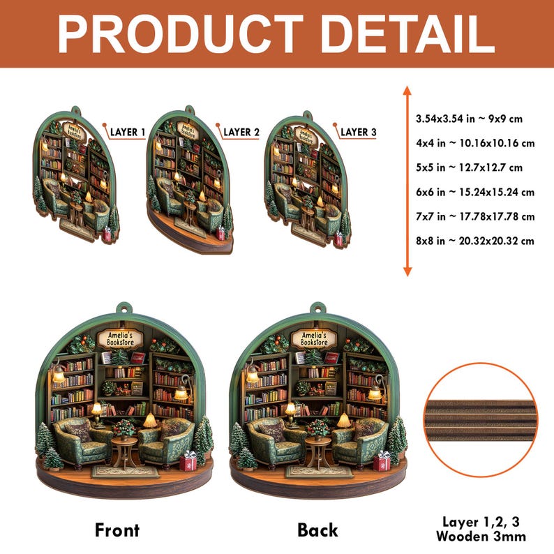 May include: A layered wooden ornament depicting a bookstore interior named Amelia's Bookstore, featuring two green armchairs, a small table, and bookshelves. Available in sizes from 3.54x3.54 inches to 8x8 inches, constructed from 3mm thick wooden layers.