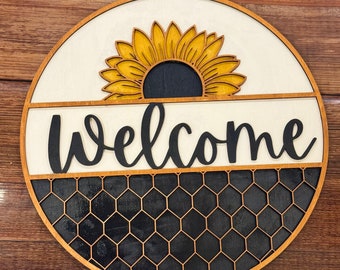 Sunflower Welcome Sign, Round Door Hanger (11.5")