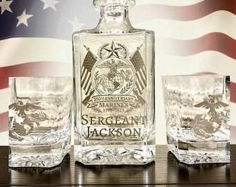 Engraved USMC 250th Anniversary Whiskey Decanter Set 2025. Don’t forget personalization