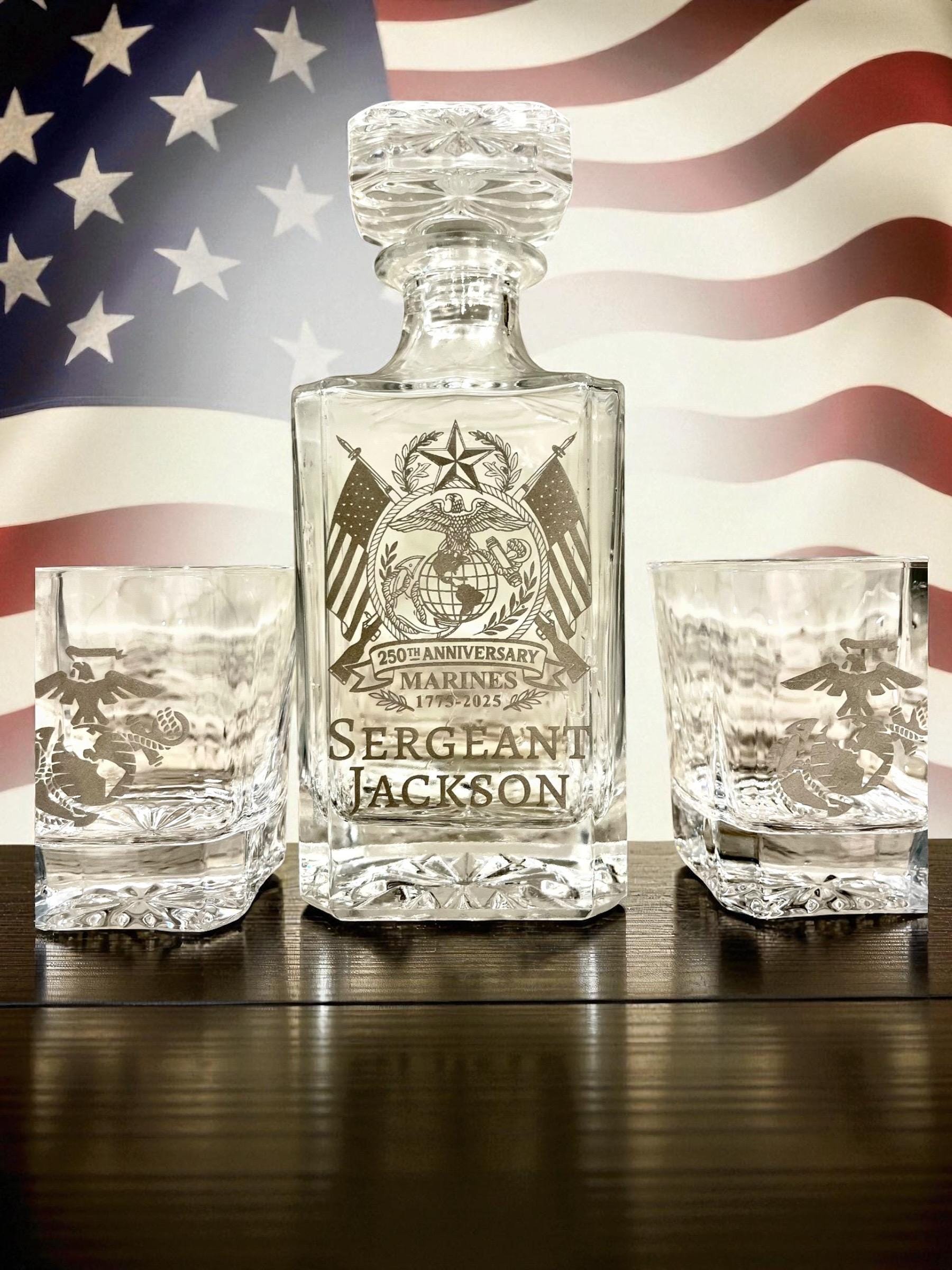 Engraved USMC 250th Anniversary Whiskey Decanter Set 2025. Don't