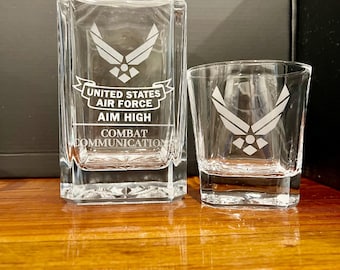 Military-Inspired Engraved Decanter Set | Army, Navy, Marines, Air Force, Coast Guard, Space Force | Personalized Whiskey Decanter Gift