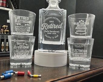 Electrician Retirement Decanter Set – Personalized Engraved Whiskey Decanter & Glasses – Electrical Trade Gift