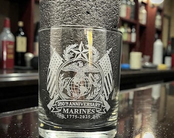 US Marine Corps 250th Anniversary Whiskey Glass | 13.75 oz Double Old Fashioned | Military Veteran Gift | USMC Commemorative Glass