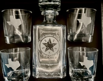 Texas State Trooper Decanter Set, Engraved Whiskey Glasses