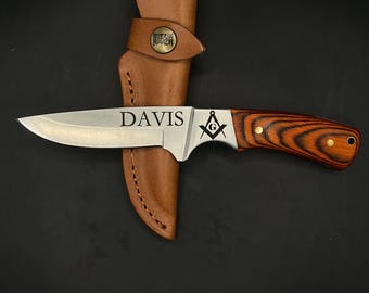 Personalized Hunting Knife, Stainless Steel Fixed Blade with Leather Sheath