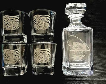 Personalized Fishing Decanter Set, Engraved Whiskey Glasses
