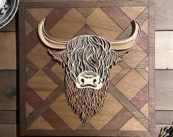 Handmade 3D Highland Cow Wood Wall Art – Farmhouse Decor