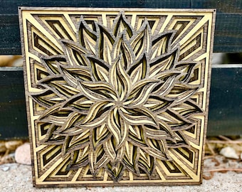 Wood Mandala Wall Art, Layered Floral Decor