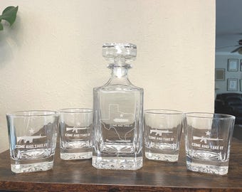 Come and Take It Decanter Set, Texas History Whiskey Glasses